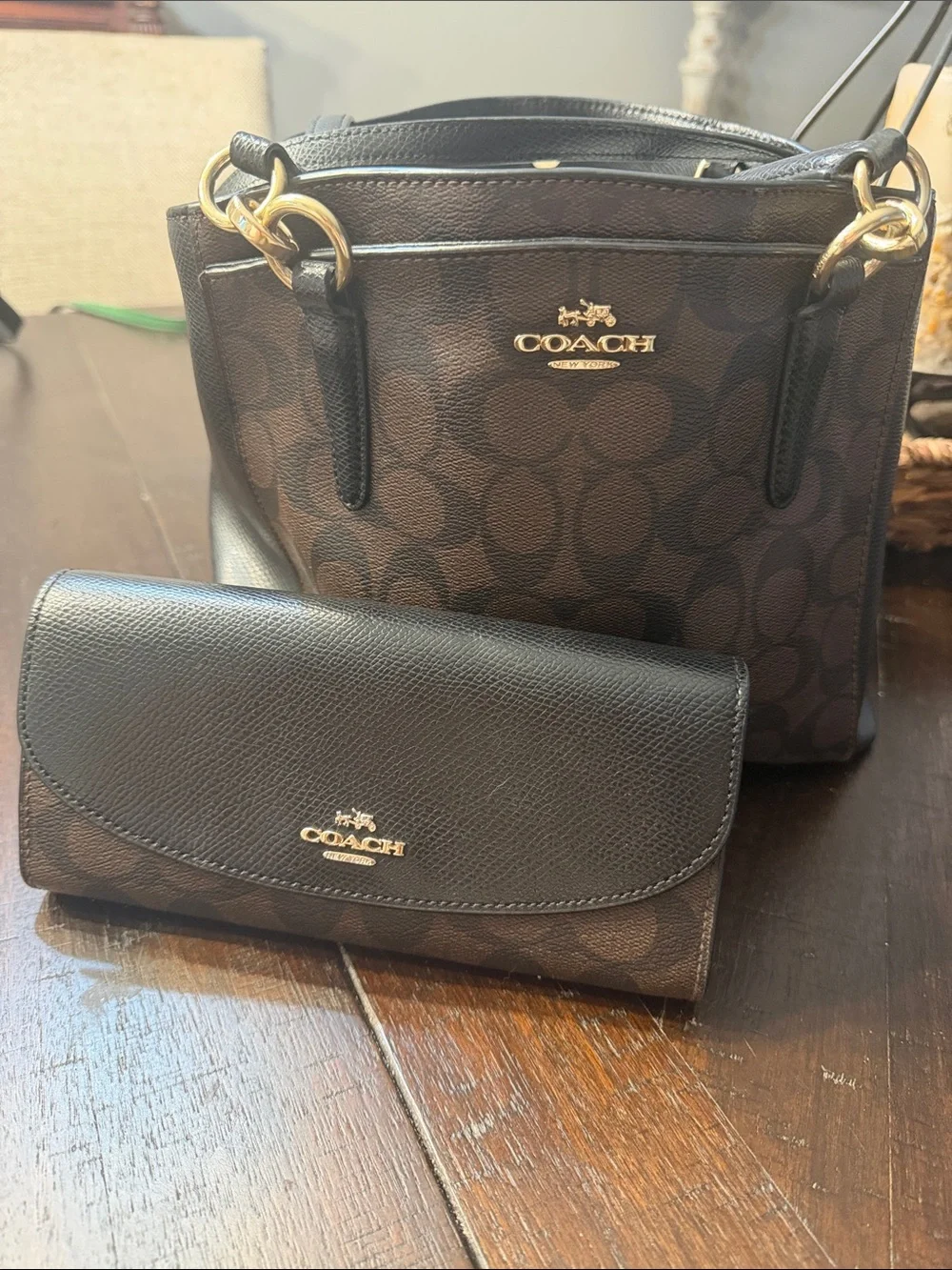 COACH Dark Brown Signature Canvas Tote with Matching Wallet
